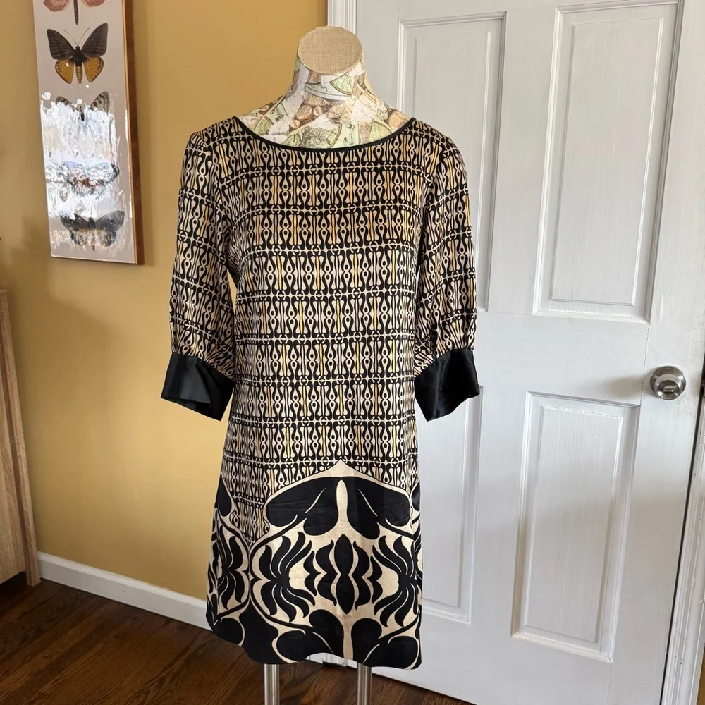 Claude Brown 100% Silk Black and Cream Patterned Women's Shift Dress 2 - Picture 4 of 13